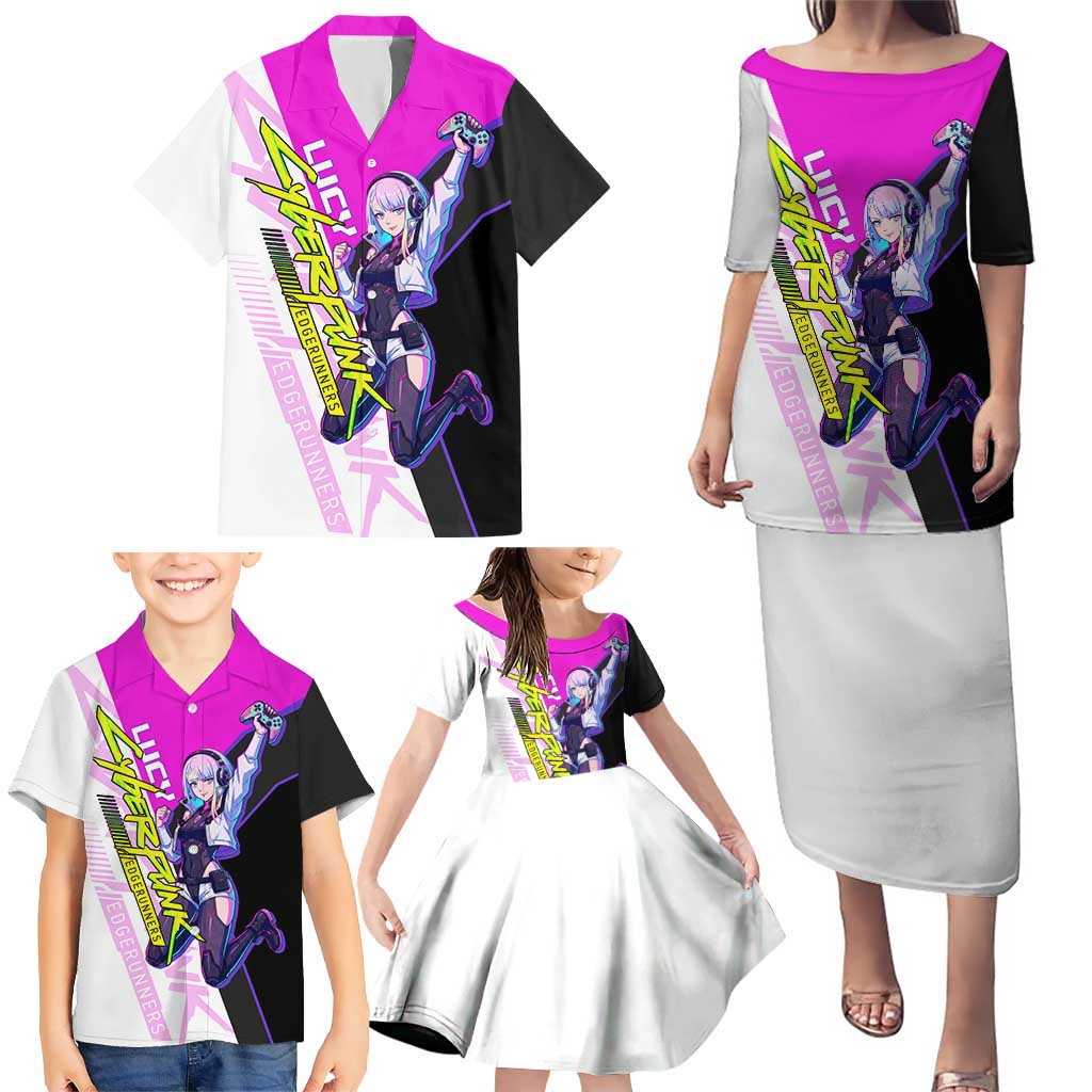 Lucy Cyberpunk Edgerunners Family Matching Puletasi and Hawaiian Shirt Neon Techwear Anime Style