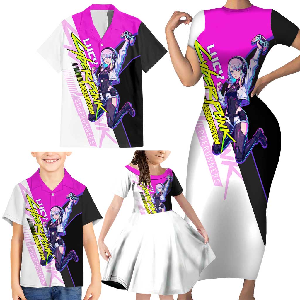 Lucy Cyberpunk Edgerunners Family Matching Short Sleeve Bodycon Dress and Hawaiian Shirt Neon Techwear Anime Style