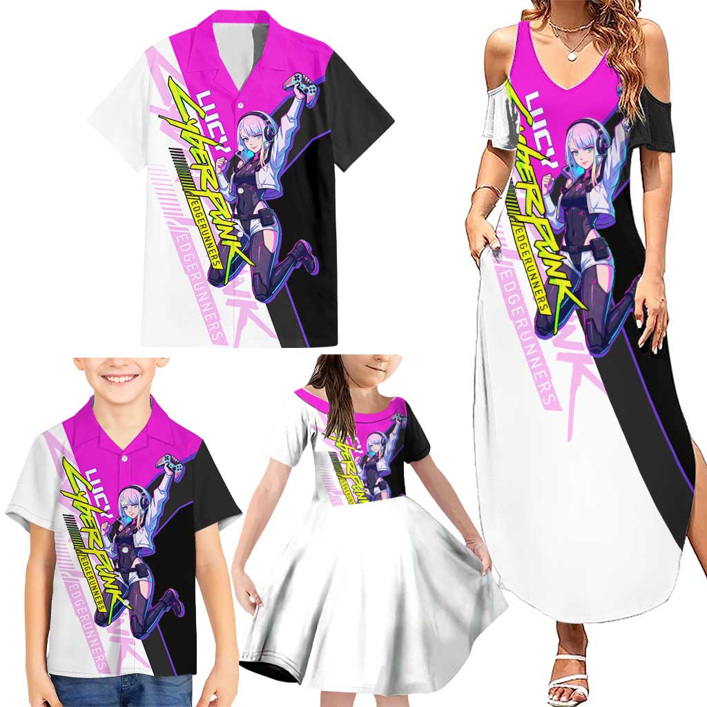 Lucy Cyberpunk Edgerunners Family Matching Summer Maxi Dress and Hawaiian Shirt Neon Techwear Anime Style
