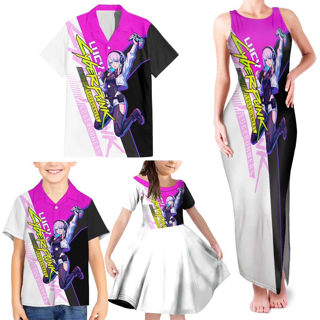 Lucy Cyberpunk Edgerunners Family Matching Tank Maxi Dress and Hawaiian Shirt Neon Techwear Anime Style