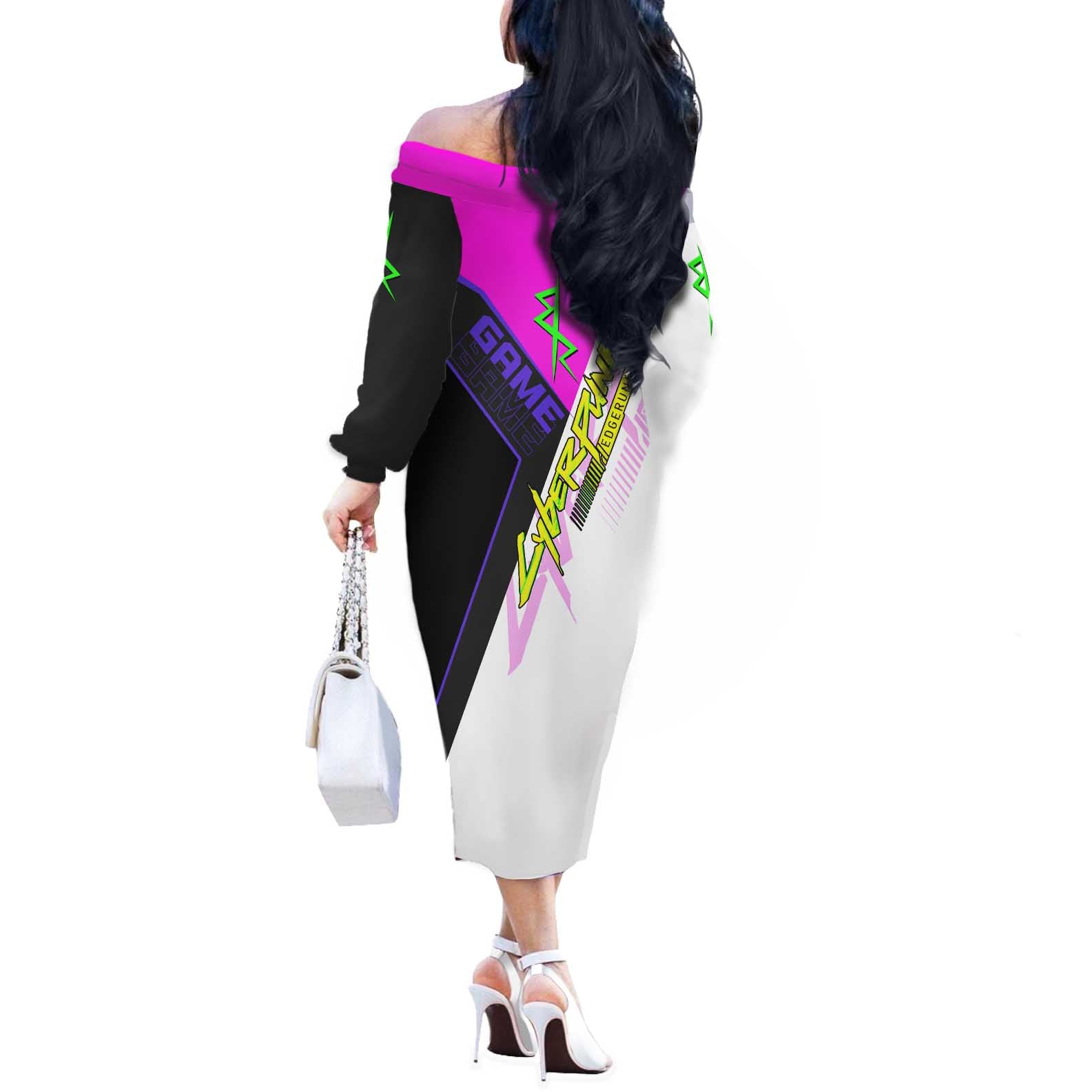 Lucy Cyberpunk Edgerunners Off The Shoulder Long Sleeve Dress Neon Techwear Anime Style