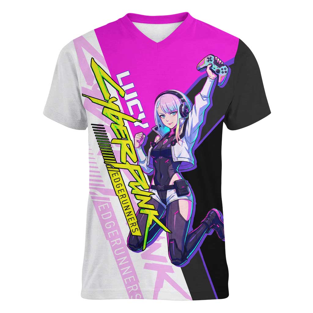 Lucy Cyberpunk Edgerunners Women V-Neck T-Shirt Neon Techwear Anime Style