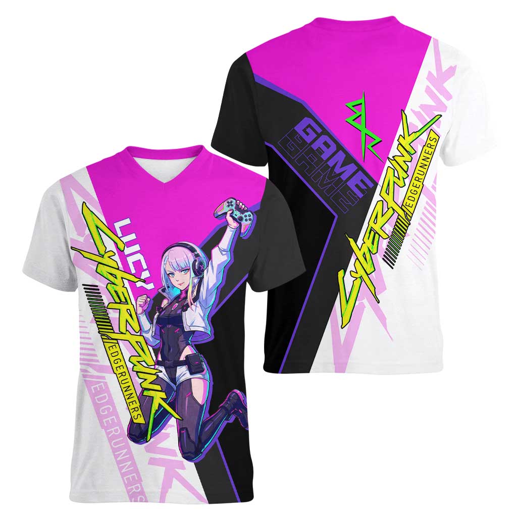 Lucy Cyberpunk Edgerunners Women V-Neck T-Shirt Neon Techwear Anime Style
