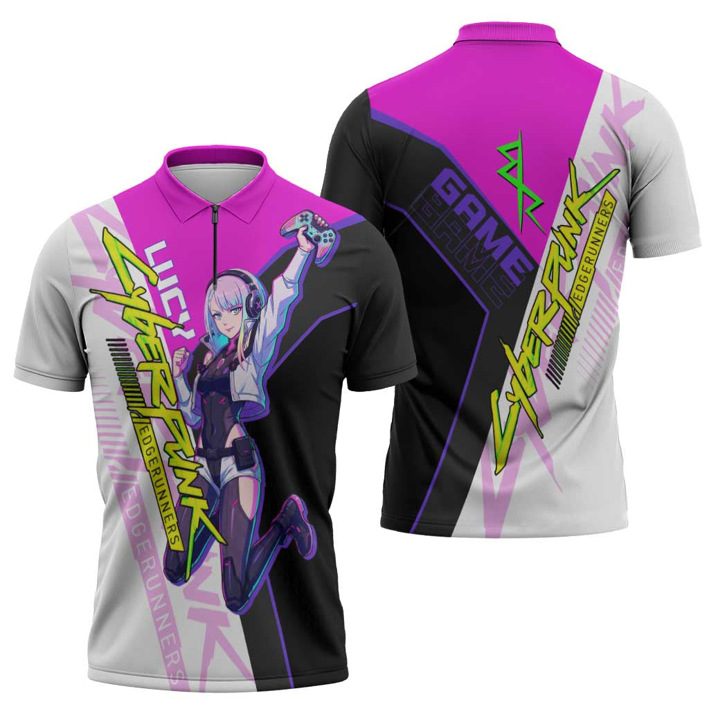 Lucy Cyberpunk Edgerunners Zipper Polo Shirt Neon Techwear Anime Style