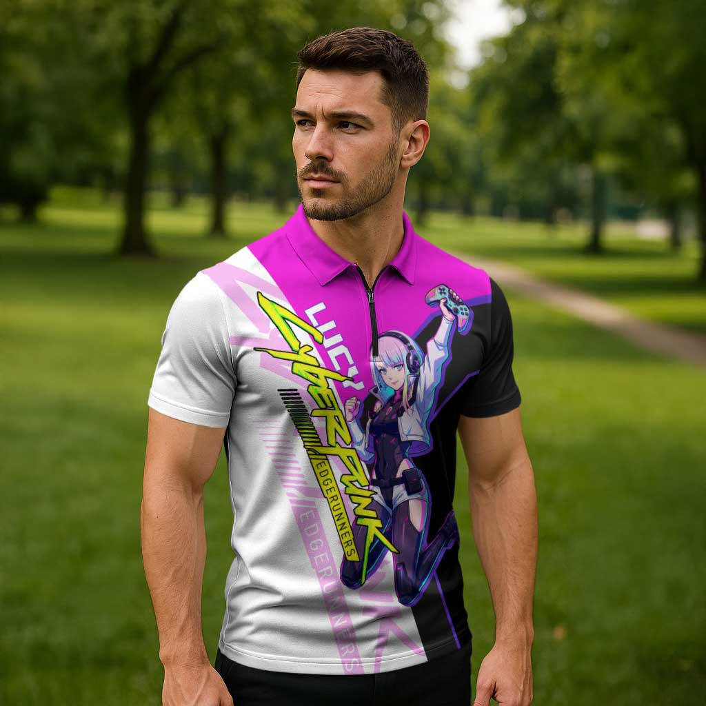 Lucy Cyberpunk Edgerunners Zipper Polo Shirt Neon Techwear Anime Style