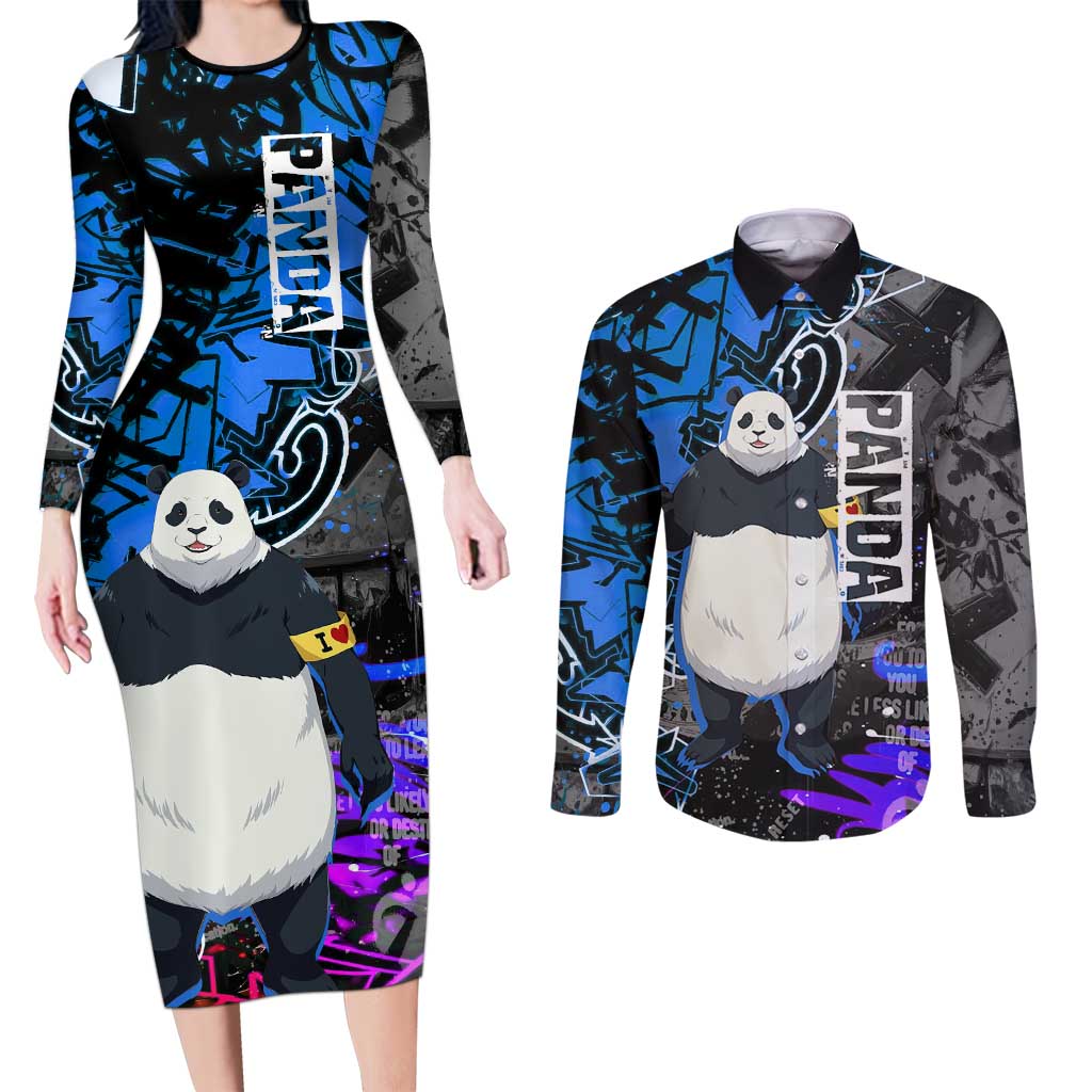 Panda Jujutsu Kaisen Couples Matching Long Sleeve Bodycon Dress and Long Sleeve Button Shirt Urban Graffiti Street Art Style