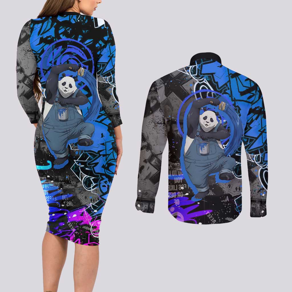 Panda Jujutsu Kaisen Couples Matching Long Sleeve Bodycon Dress and Long Sleeve Button Shirt Urban Graffiti Street Art Style