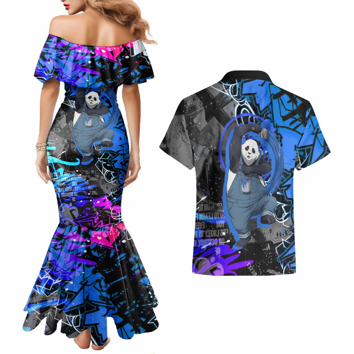 Panda Jujutsu Kaisen Couples Matching Mermaid Dress and Hawaiian Shirt Urban Graffiti Street Art Style