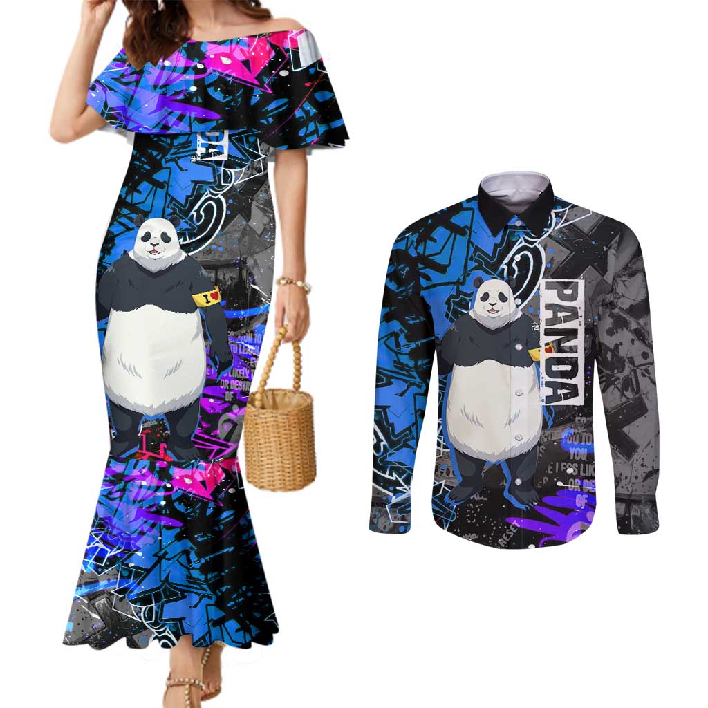 Panda Jujutsu Kaisen Couples Matching Mermaid Dress and Long Sleeve Button Shirt Urban Graffiti Street Art Style