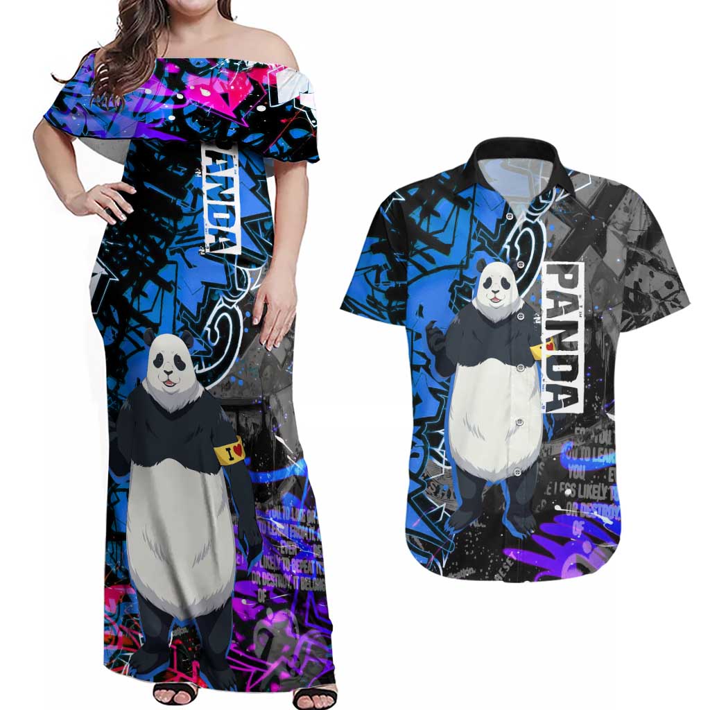 Panda Jujutsu Kaisen Couples Matching Off Shoulder Maxi Dress and Hawaiian Shirt Urban Graffiti Street Art Style