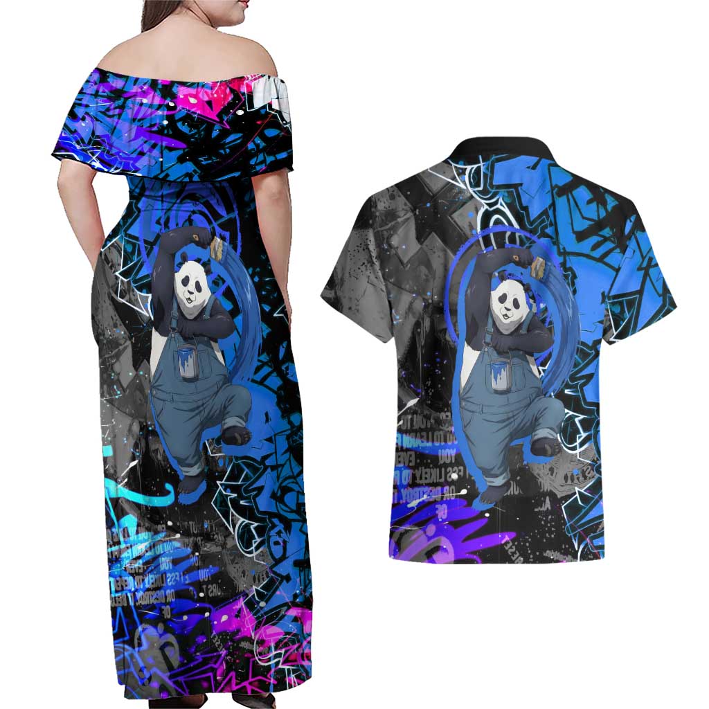 Panda Jujutsu Kaisen Couples Matching Off Shoulder Maxi Dress and Hawaiian Shirt Urban Graffiti Street Art Style