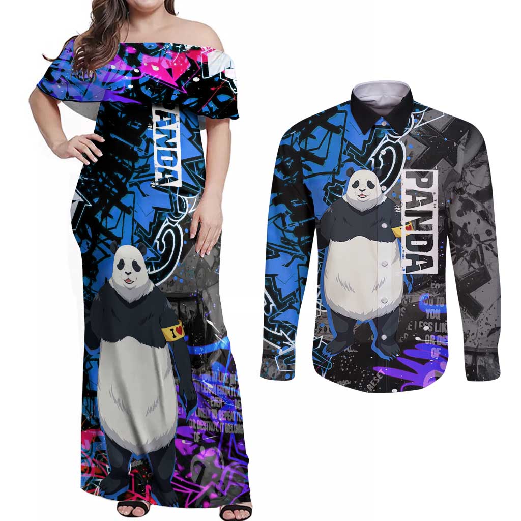 Panda Jujutsu Kaisen Couples Matching Off Shoulder Maxi Dress and Long Sleeve Button Shirt Urban Graffiti Street Art Style