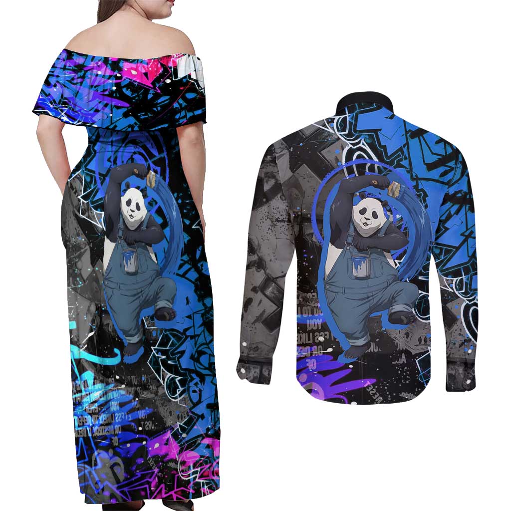 Panda Jujutsu Kaisen Couples Matching Off Shoulder Maxi Dress and Long Sleeve Button Shirt Urban Graffiti Street Art Style