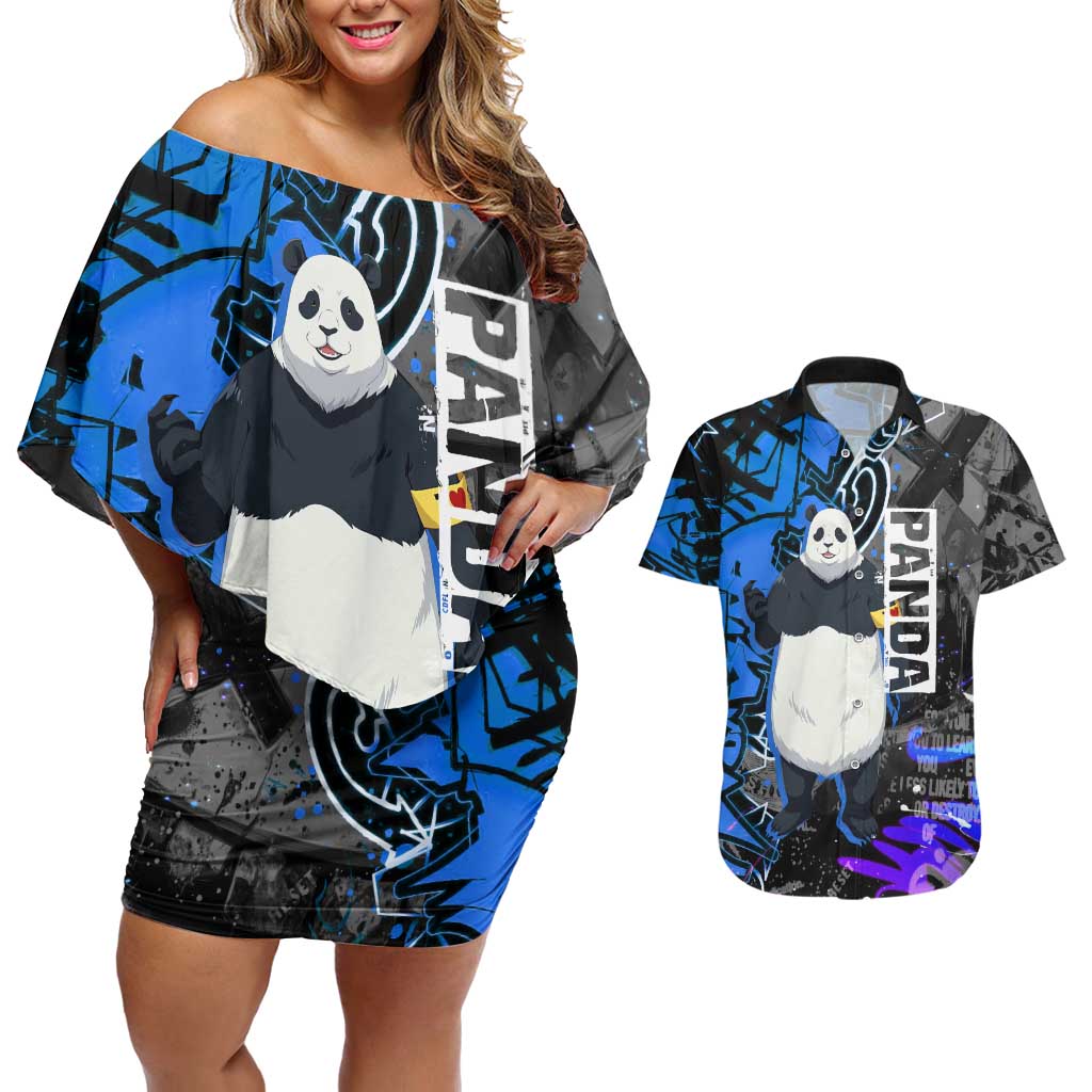 Panda Jujutsu Kaisen Couples Matching Off Shoulder Short Dress and Hawaiian Shirt Urban Graffiti Street Art Style