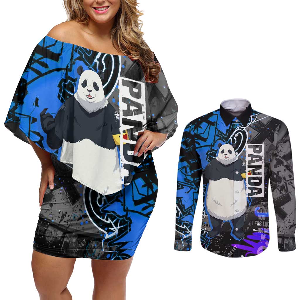 Panda Jujutsu Kaisen Couples Matching Off Shoulder Short Dress and Long Sleeve Button Shirt Urban Graffiti Street Art Style