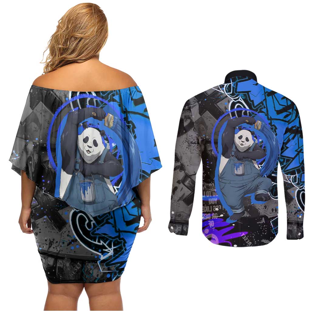 Panda Jujutsu Kaisen Couples Matching Off Shoulder Short Dress and Long Sleeve Button Shirt Urban Graffiti Street Art Style