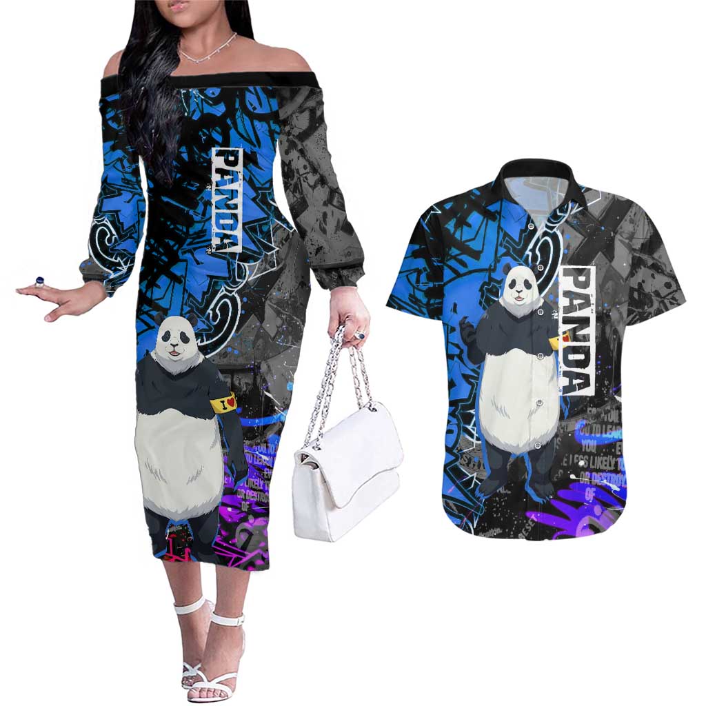 Panda Jujutsu Kaisen Couples Matching Off The Shoulder Long Sleeve Dress and Hawaiian Shirt Urban Graffiti Street Art Style