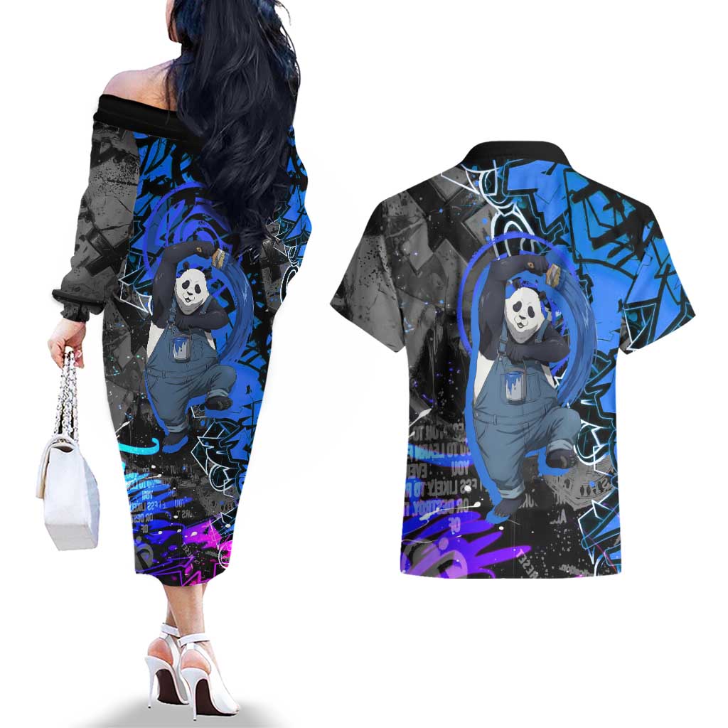 Panda Jujutsu Kaisen Couples Matching Off The Shoulder Long Sleeve Dress and Hawaiian Shirt Urban Graffiti Street Art Style