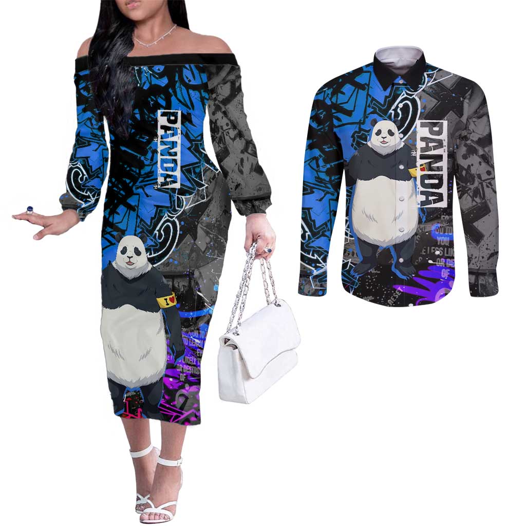 Panda Jujutsu Kaisen Couples Matching Off The Shoulder Long Sleeve Dress and Long Sleeve Button Shirt Urban Graffiti Street Art Style