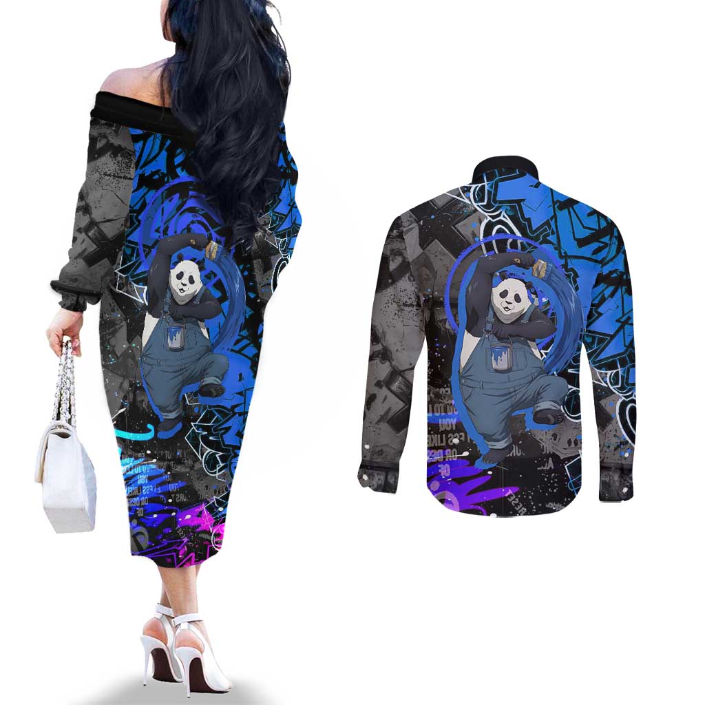 Panda Jujutsu Kaisen Couples Matching Off The Shoulder Long Sleeve Dress and Long Sleeve Button Shirt Urban Graffiti Street Art Style