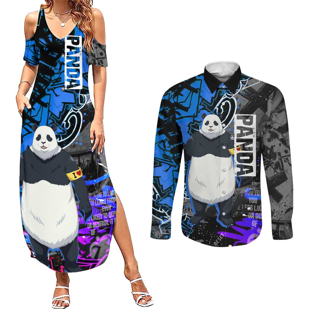 Panda Jujutsu Kaisen Couples Matching Summer Maxi Dress and Long Sleeve Button Shirt Urban Graffiti Street Art Style
