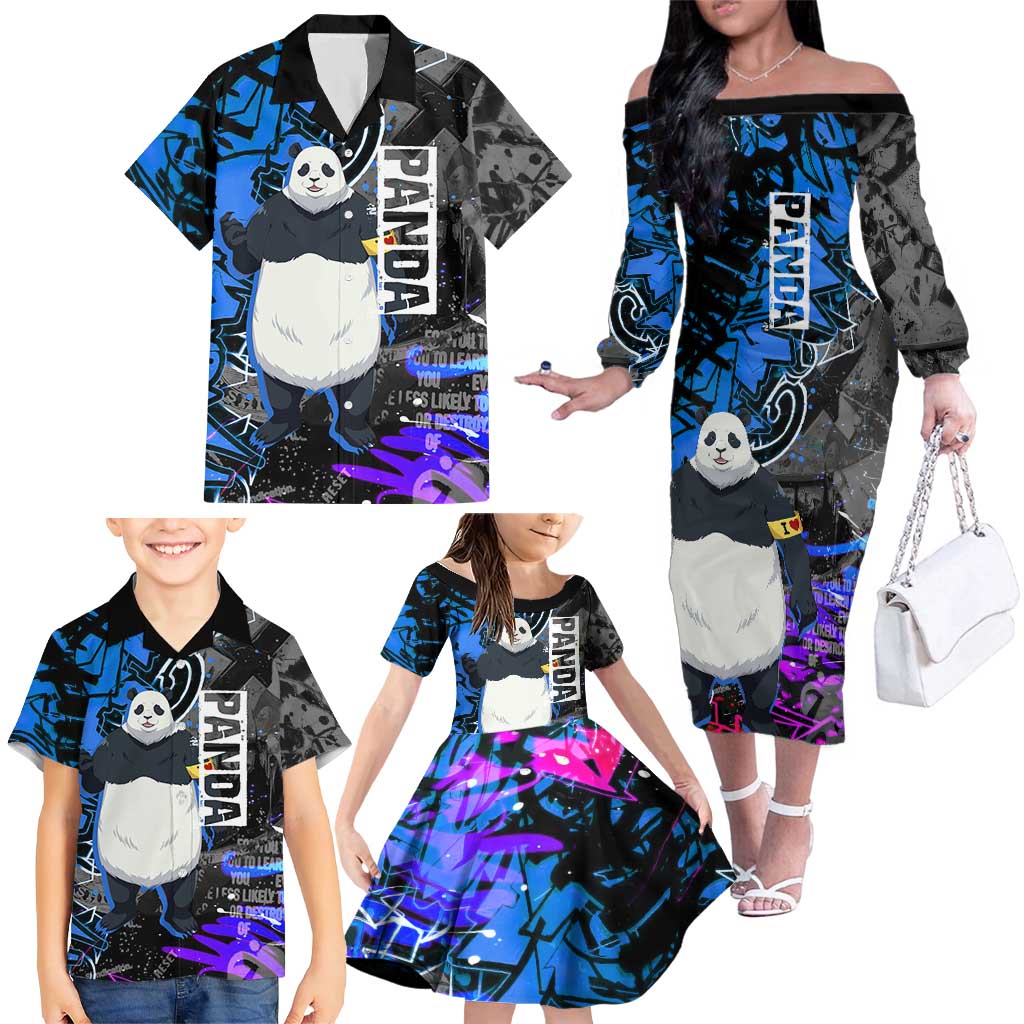 Panda Jujutsu Kaisen Family Matching Off The Shoulder Long Sleeve Dress and Hawaiian Shirt Urban Graffiti Street Art Style