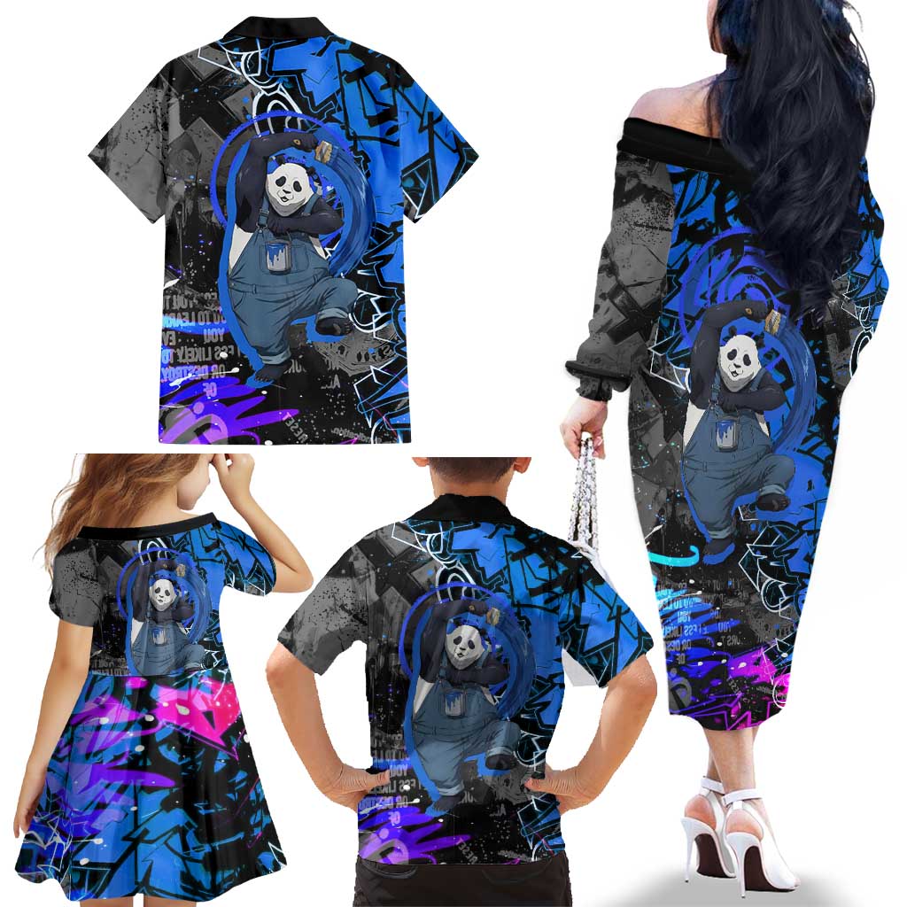 Panda Jujutsu Kaisen Family Matching Off The Shoulder Long Sleeve Dress and Hawaiian Shirt Urban Graffiti Street Art Style