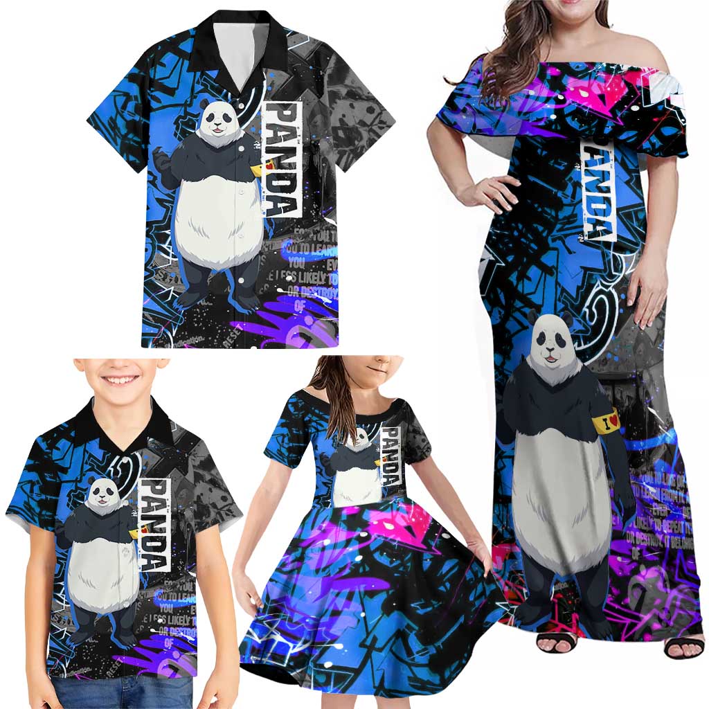Panda Jujutsu Kaisen Family Matching Off Shoulder Maxi Dress and Hawaiian Shirt Urban Graffiti Street Art Style