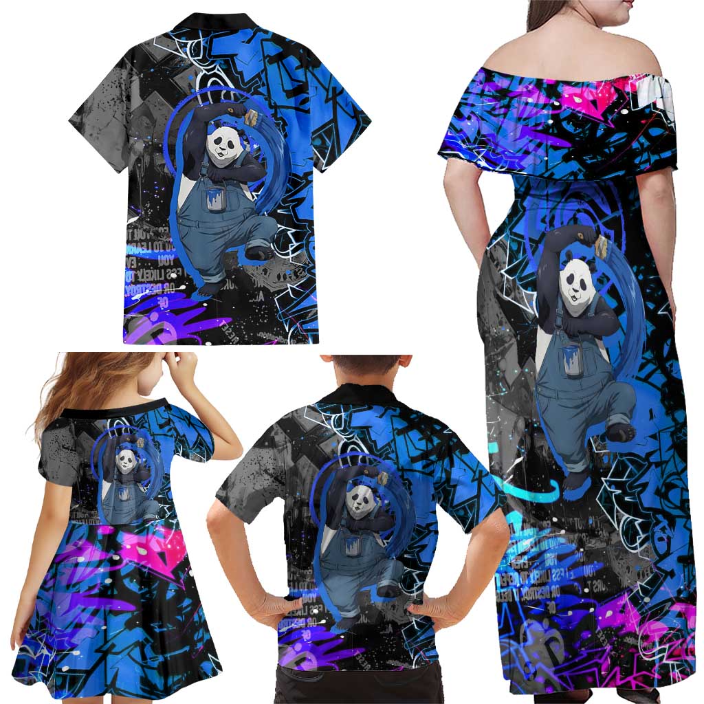 Panda Jujutsu Kaisen Family Matching Off Shoulder Maxi Dress and Hawaiian Shirt Urban Graffiti Street Art Style