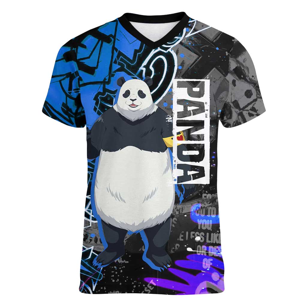 Panda Jujutsu Kaisen Women V-Neck T-Shirt Urban Graffiti Street Art Style