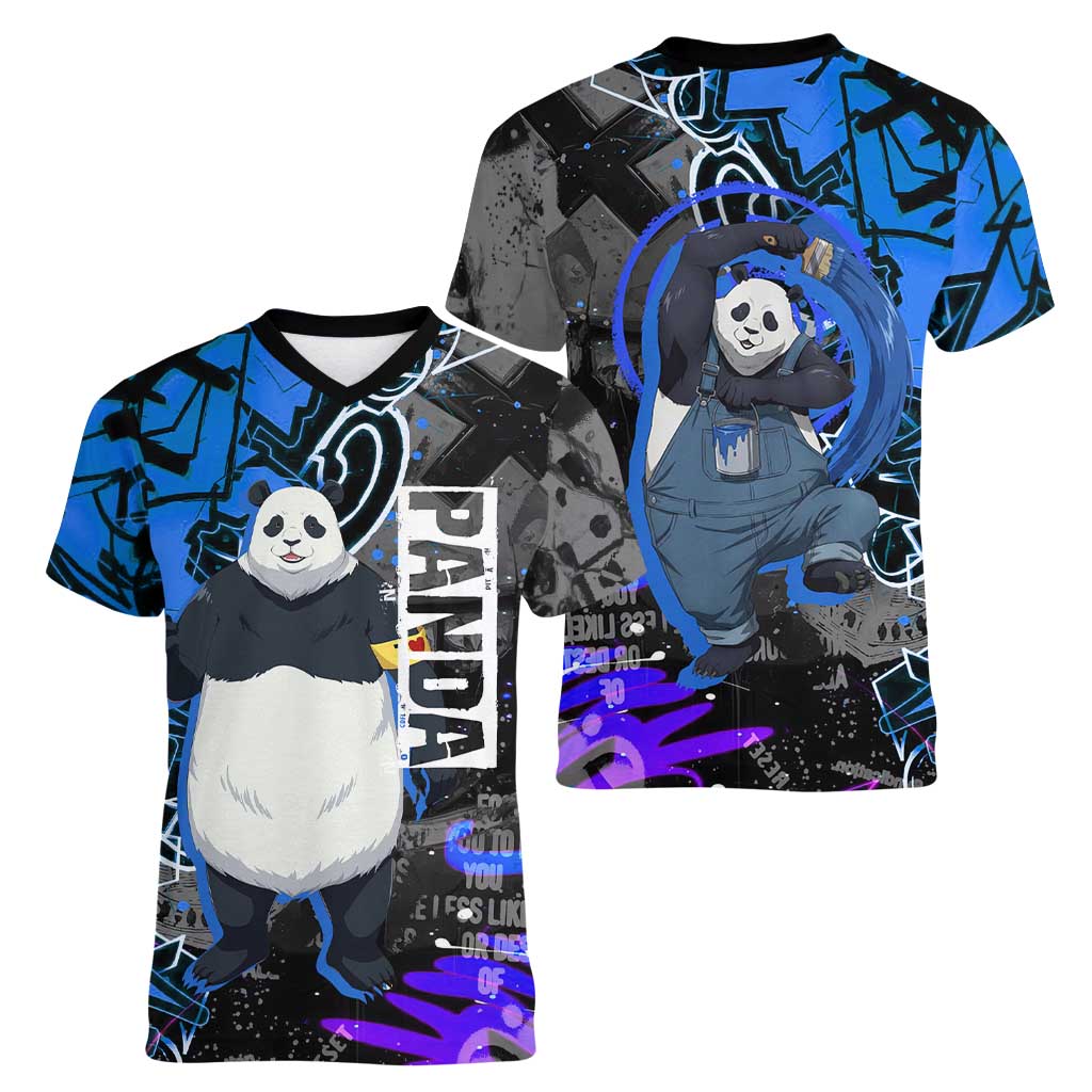 Panda Jujutsu Kaisen Women V-Neck T-Shirt Urban Graffiti Street Art Style
