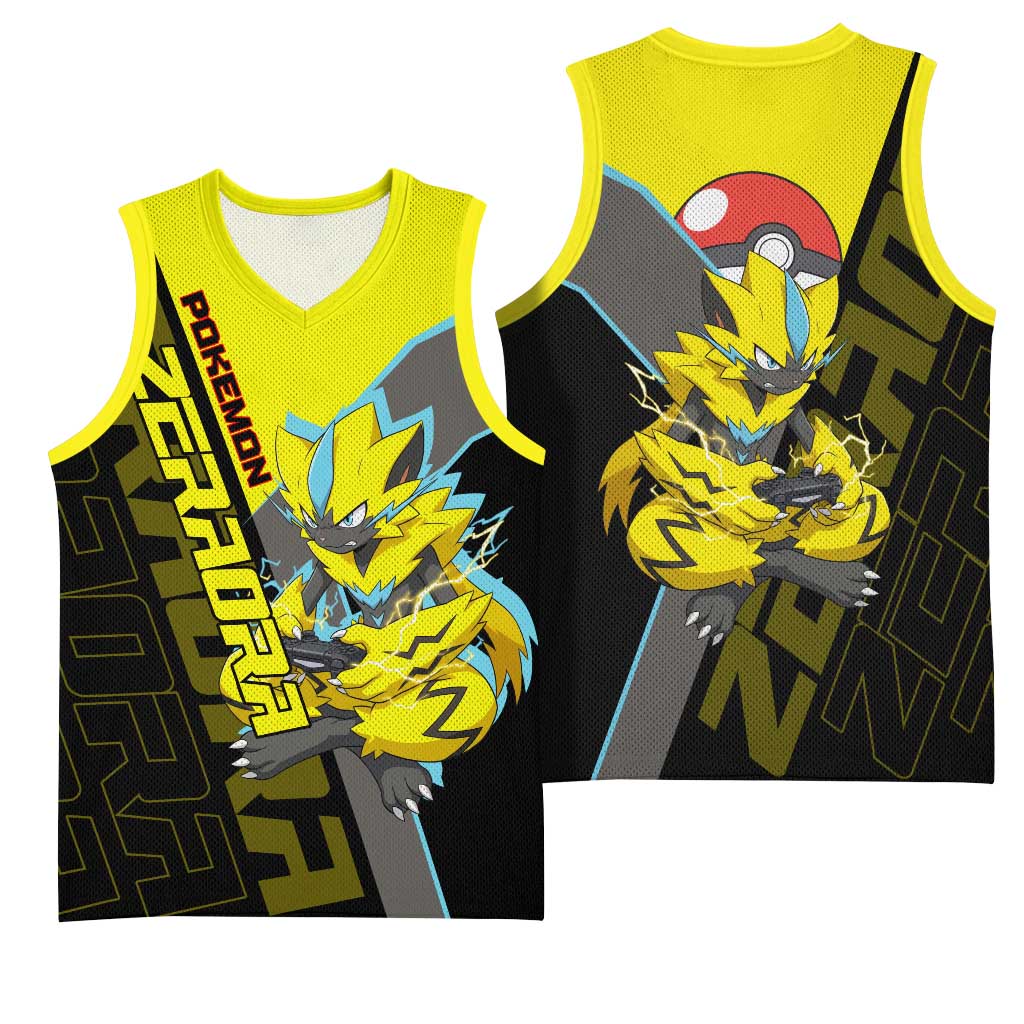 Zeraora Poké Basketball Jersey Electric Neon Anime Style