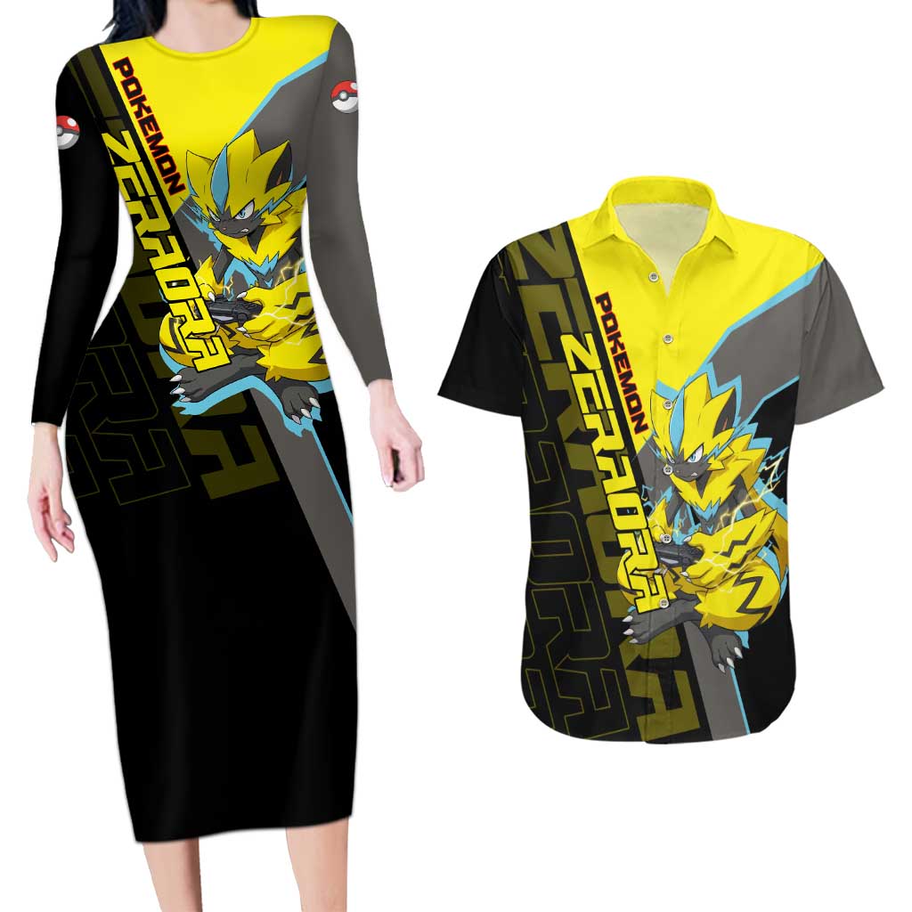 Zeraora Poké Couples Matching Long Sleeve Bodycon Dress and Hawaiian Shirt Electric Neon Anime Style