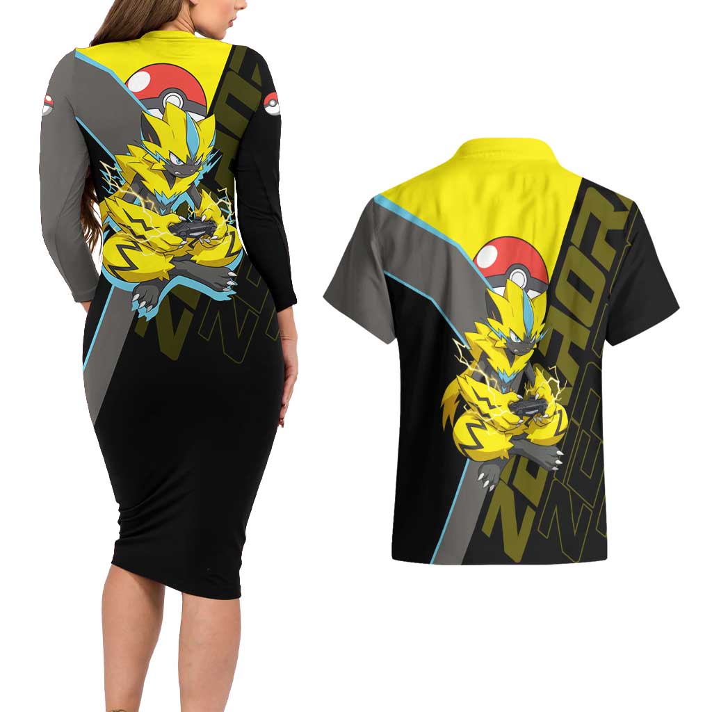 Zeraora Poké Couples Matching Long Sleeve Bodycon Dress and Hawaiian Shirt Electric Neon Anime Style