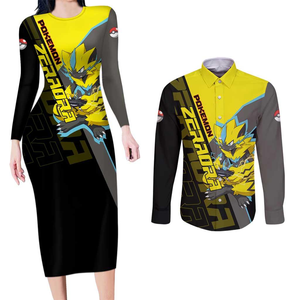 Zeraora Poké Couples Matching Long Sleeve Bodycon Dress and Long Sleeve Button Shirt Electric Neon Anime Style