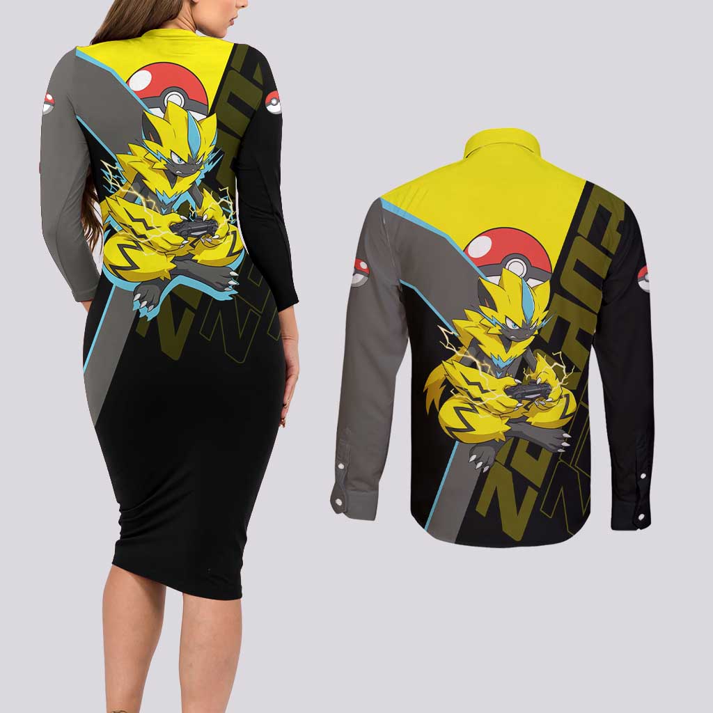 Zeraora Poké Couples Matching Long Sleeve Bodycon Dress and Long Sleeve Button Shirt Electric Neon Anime Style