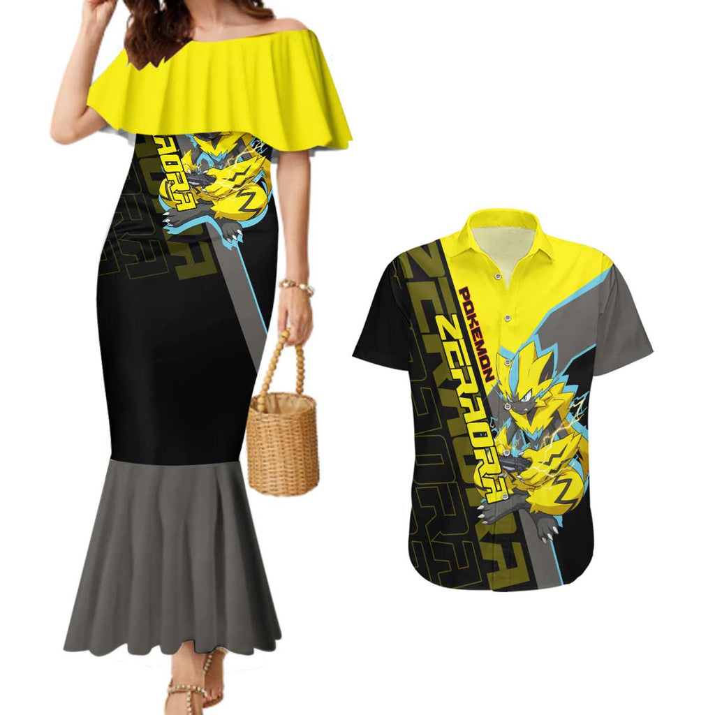 Zeraora Poké Couples Matching Mermaid Dress and Hawaiian Shirt Electric Neon Anime Style