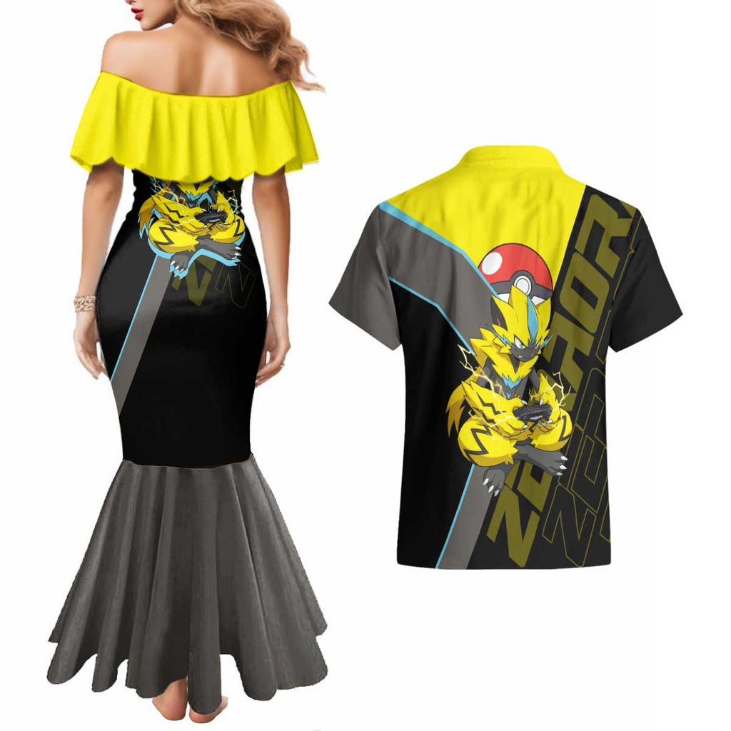 Zeraora Poké Couples Matching Mermaid Dress and Hawaiian Shirt Electric Neon Anime Style