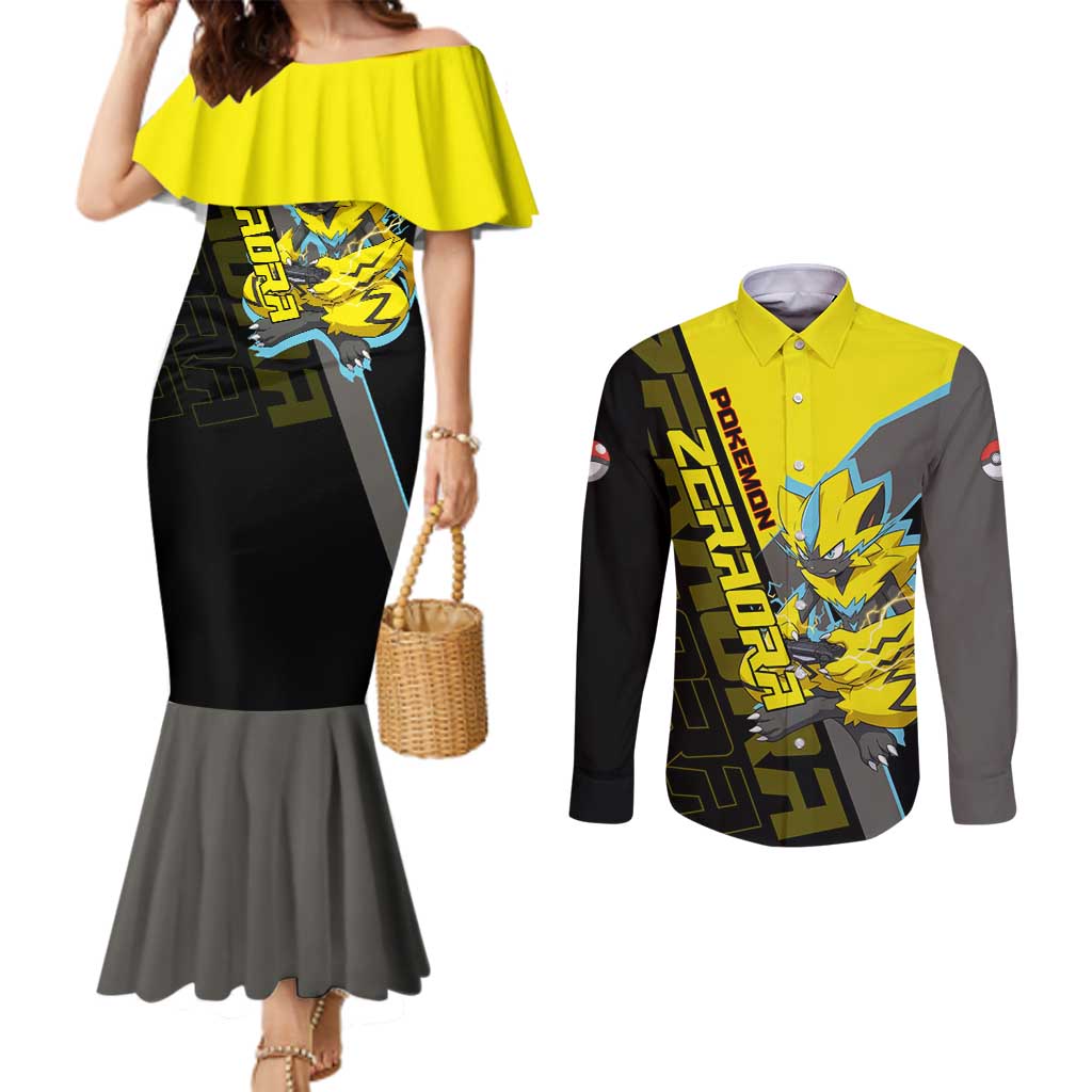 Zeraora Poké Couples Matching Mermaid Dress and Long Sleeve Button Shirt Electric Neon Anime Style