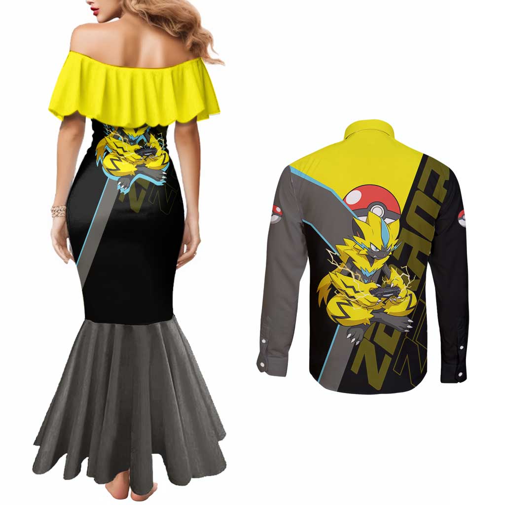 Zeraora Poké Couples Matching Mermaid Dress and Long Sleeve Button Shirt Electric Neon Anime Style
