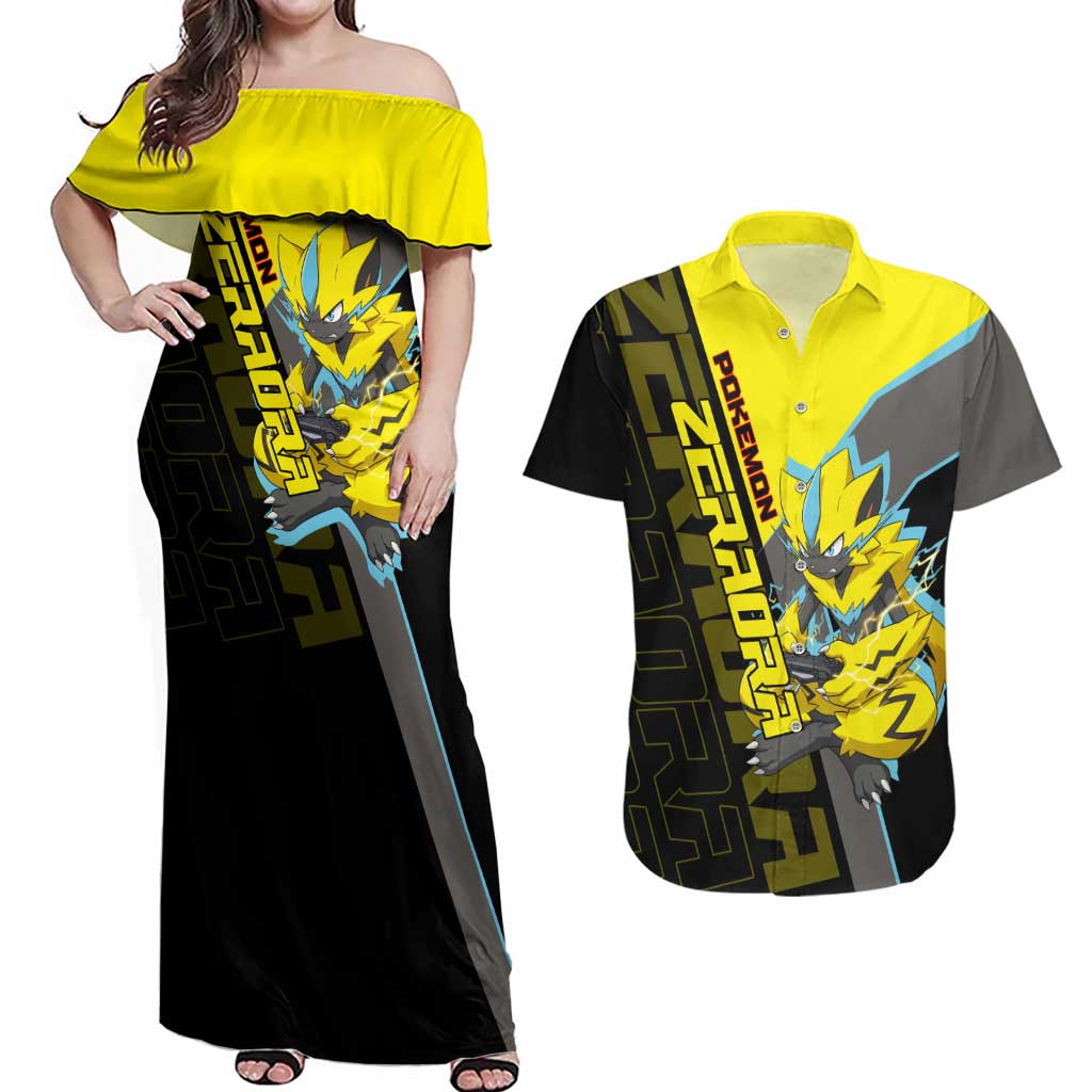 Zeraora Poké Couples Matching Off Shoulder Maxi Dress and Hawaiian Shirt Electric Neon Anime Style