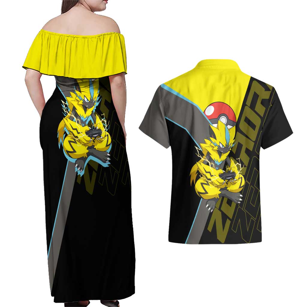 Zeraora Poké Couples Matching Off Shoulder Maxi Dress and Hawaiian Shirt Electric Neon Anime Style