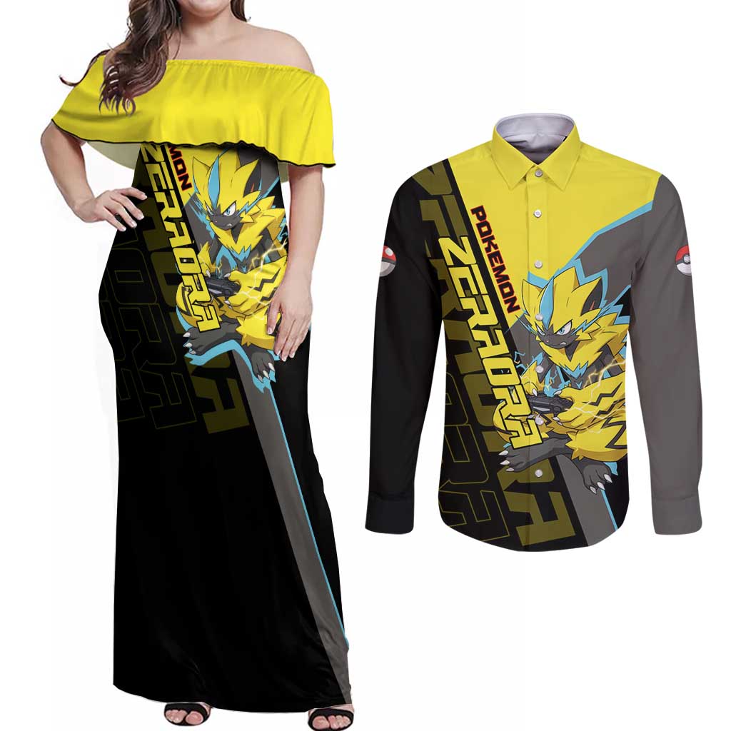 Zeraora Poké Couples Matching Off Shoulder Maxi Dress and Long Sleeve Button Shirt Electric Neon Anime Style