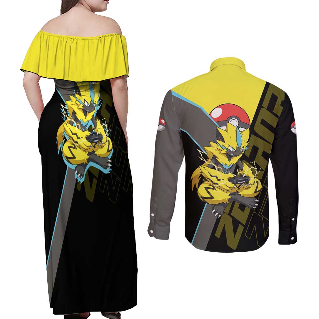 Zeraora Poké Couples Matching Off Shoulder Maxi Dress and Long Sleeve Button Shirt Electric Neon Anime Style