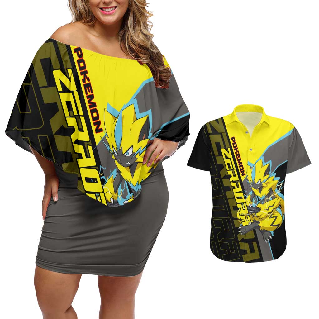 Zeraora Poké Couples Matching Off Shoulder Short Dress and Hawaiian Shirt Electric Neon Anime Style