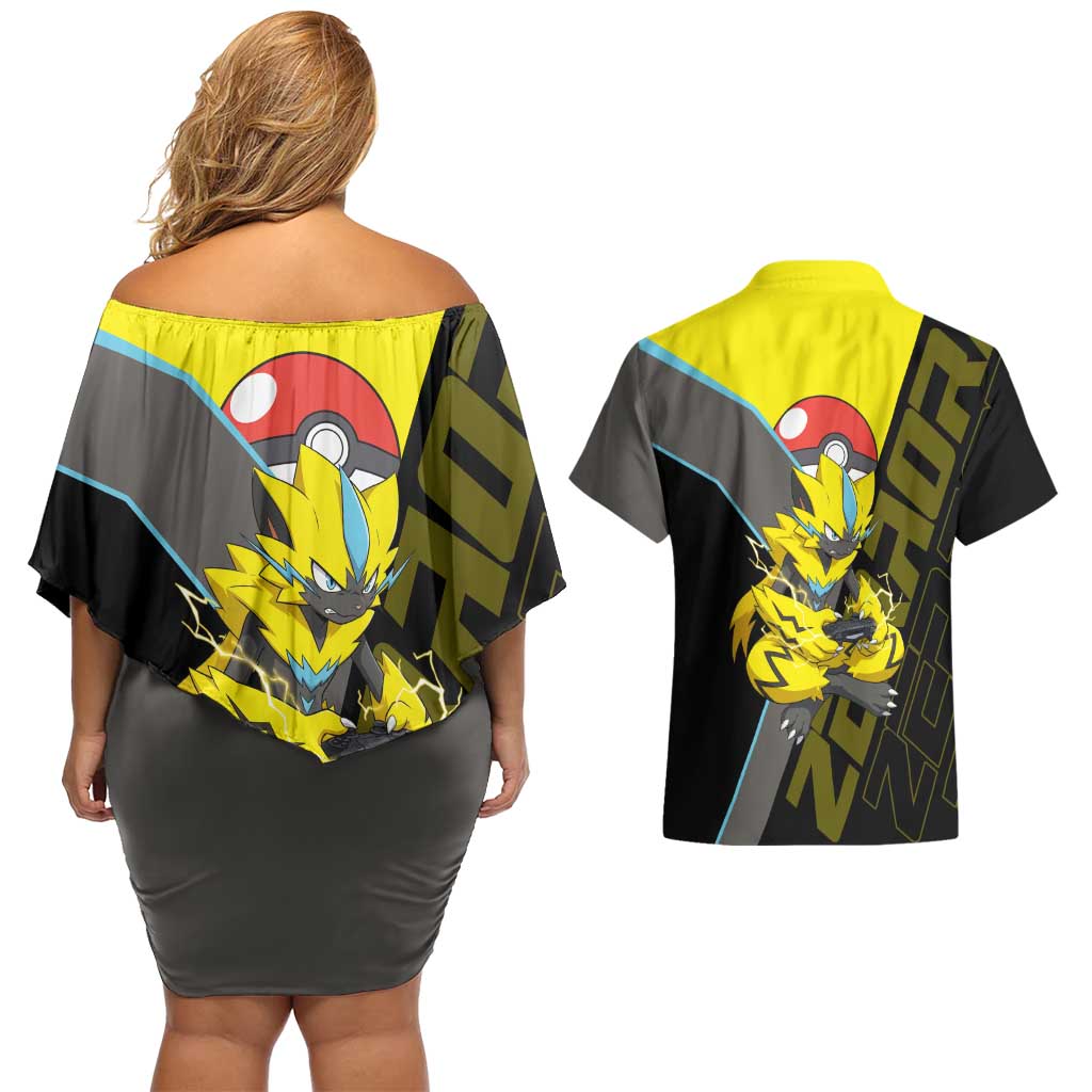 Zeraora Poké Couples Matching Off Shoulder Short Dress and Hawaiian Shirt Electric Neon Anime Style