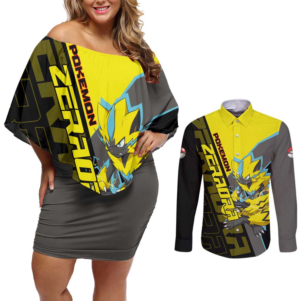 Zeraora Poké Couples Matching Off Shoulder Short Dress and Long Sleeve Button Shirt Electric Neon Anime Style