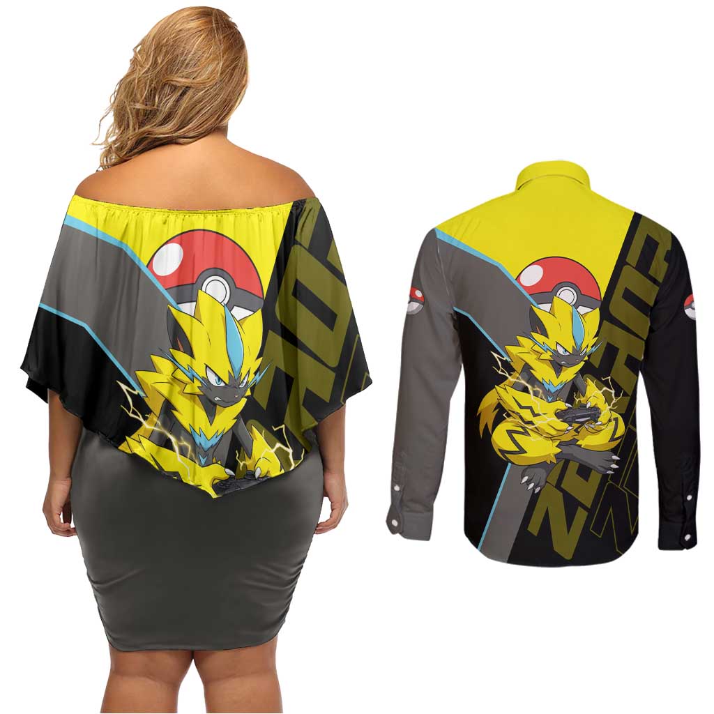 Zeraora Poké Couples Matching Off Shoulder Short Dress and Long Sleeve Button Shirt Electric Neon Anime Style