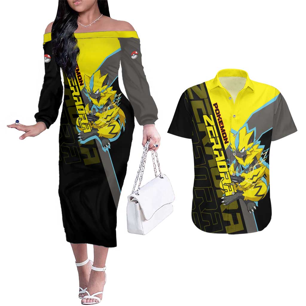 Zeraora Poké Couples Matching Off The Shoulder Long Sleeve Dress and Hawaiian Shirt Electric Neon Anime Style