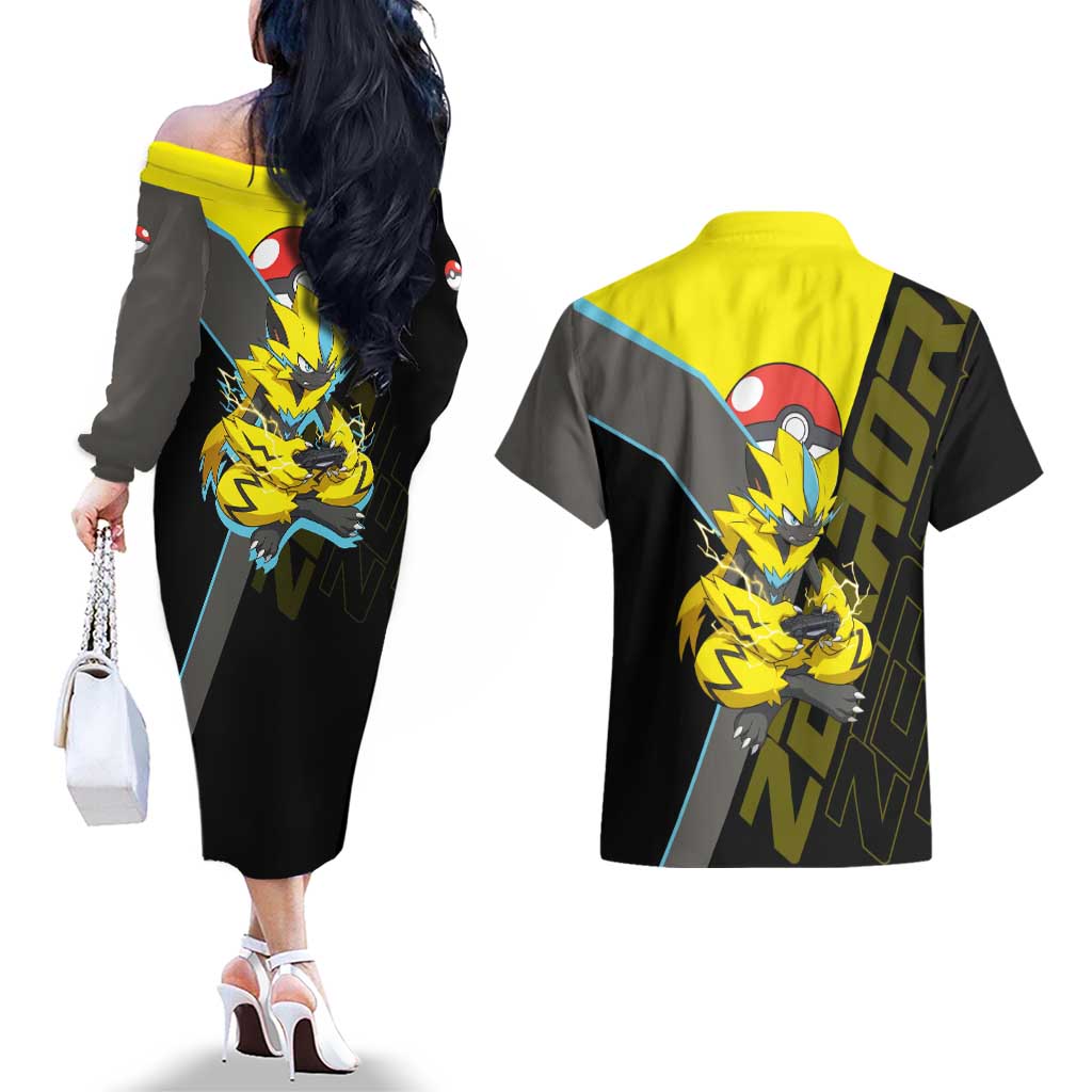 Zeraora Poké Couples Matching Off The Shoulder Long Sleeve Dress and Hawaiian Shirt Electric Neon Anime Style